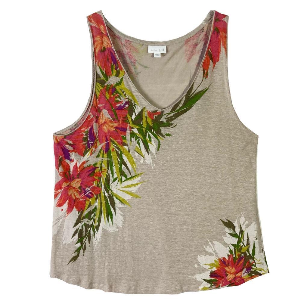 NWOT J JILL Blouse Top Women L Beige-Multi Love Linen Floral Sleeveless Knit